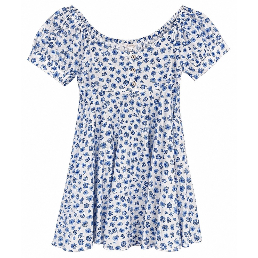 NWT Olivaceous Floral Babydoll Dress M White Blue Puff Sleeve Cottagecore $78